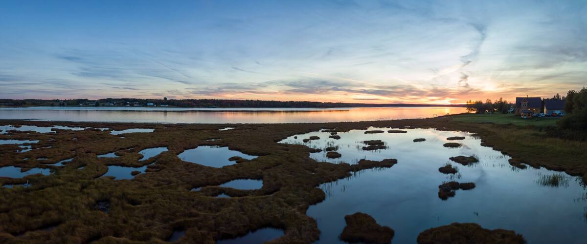 A sunset over a lake with marshy areas and houses in the background.