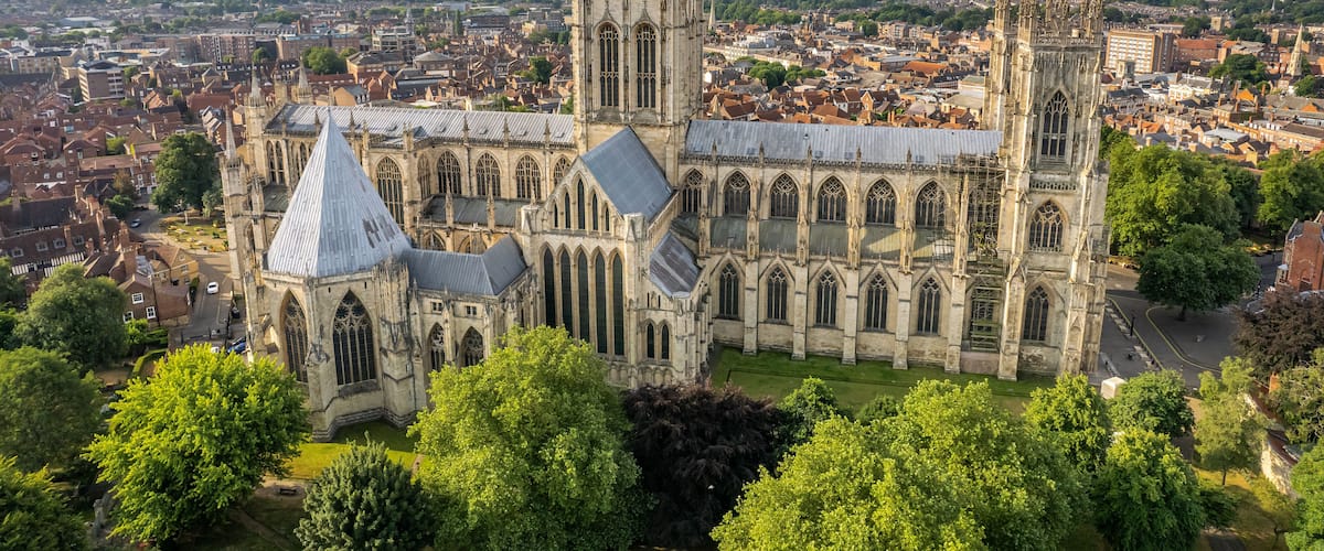The drone aerial view of York Minister. York Minster is the largest Gothic cathedral in Northern Europe.