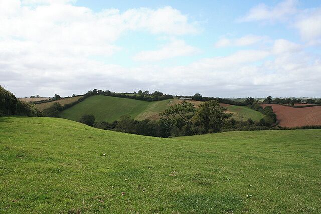 Cheriton Fitzpaine: above East Forde. Looking west on a footpath from Lower Burrow Coombe. Shobrooke Lake runs south through the valley and once powered watermills at Lower North Coombe, Stockleigh Pomeroy and Shobrooke [Lake is sometimes used to name a river or stream in the south west of England]