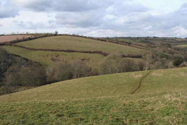 Cheriton Fitzpaine: north-north-west from Upcott Barton. View from a point near Upcott Barton, a farm since Saxon times. The barton was the scene of a murder: judge Nicholas Radford, its owner, was killed by Thomas, Earl of Devon, on 23 October 1455. This event was one of the harbingers of the Wars of the Roses. Earlier, during Viking raids, the Exeter mint was removed to a castle hereabouts: its site lies in nearby fields