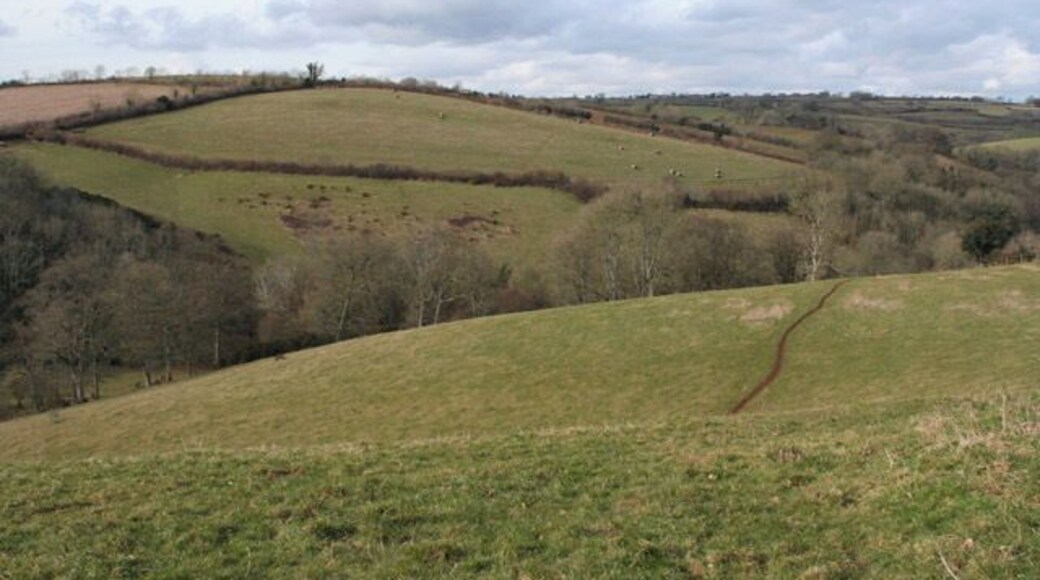 Cheriton Fitzpaine: north-north-west from Upcott Barton. View from a point near Upcott Barton, a farm since Saxon times. The barton was the scene of a murder: judge Nicholas Radford, its owner, was killed by Thomas, Earl of Devon, on 23 October 1455. This event was one of the harbingers of the Wars of the Roses. Earlier, during Viking raids, the Exeter mint was removed to a castle hereabouts: its site lies in nearby fields