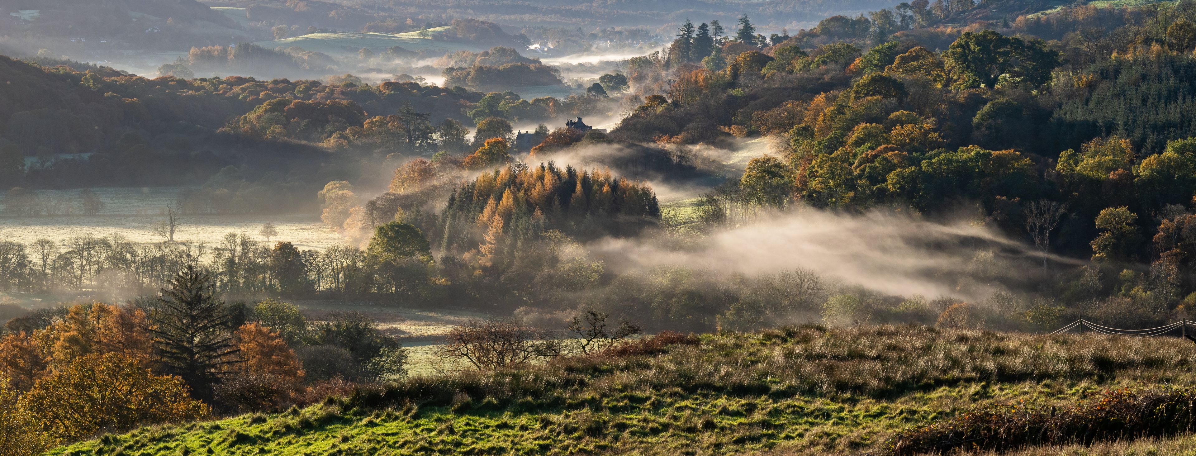 Misty autumn morning in the Fleet Valley National Scenic Area, near Gatehouse of Fleet, Dumfries & Galloway, Scotland
