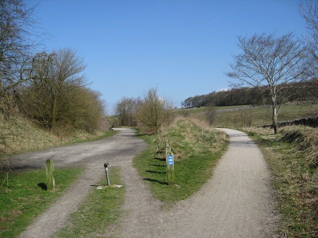 A rural dirt path with a blue signpost, surrounded by trees and grass.