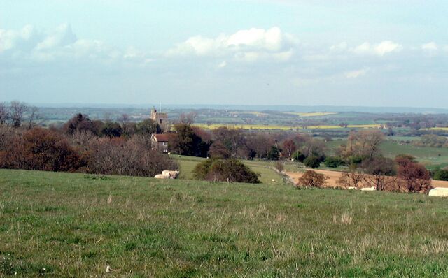 A rural landscape with rolling hills, scattered trees, and a distant tower.