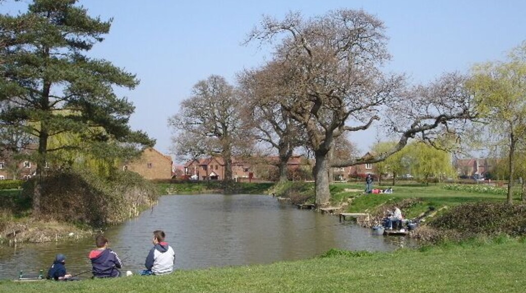 Moat on Park Farm estate from Bluebell Road The remains of a moated manor house were incorporated into Park Farm estate as a fishing lake with accompanying play park.