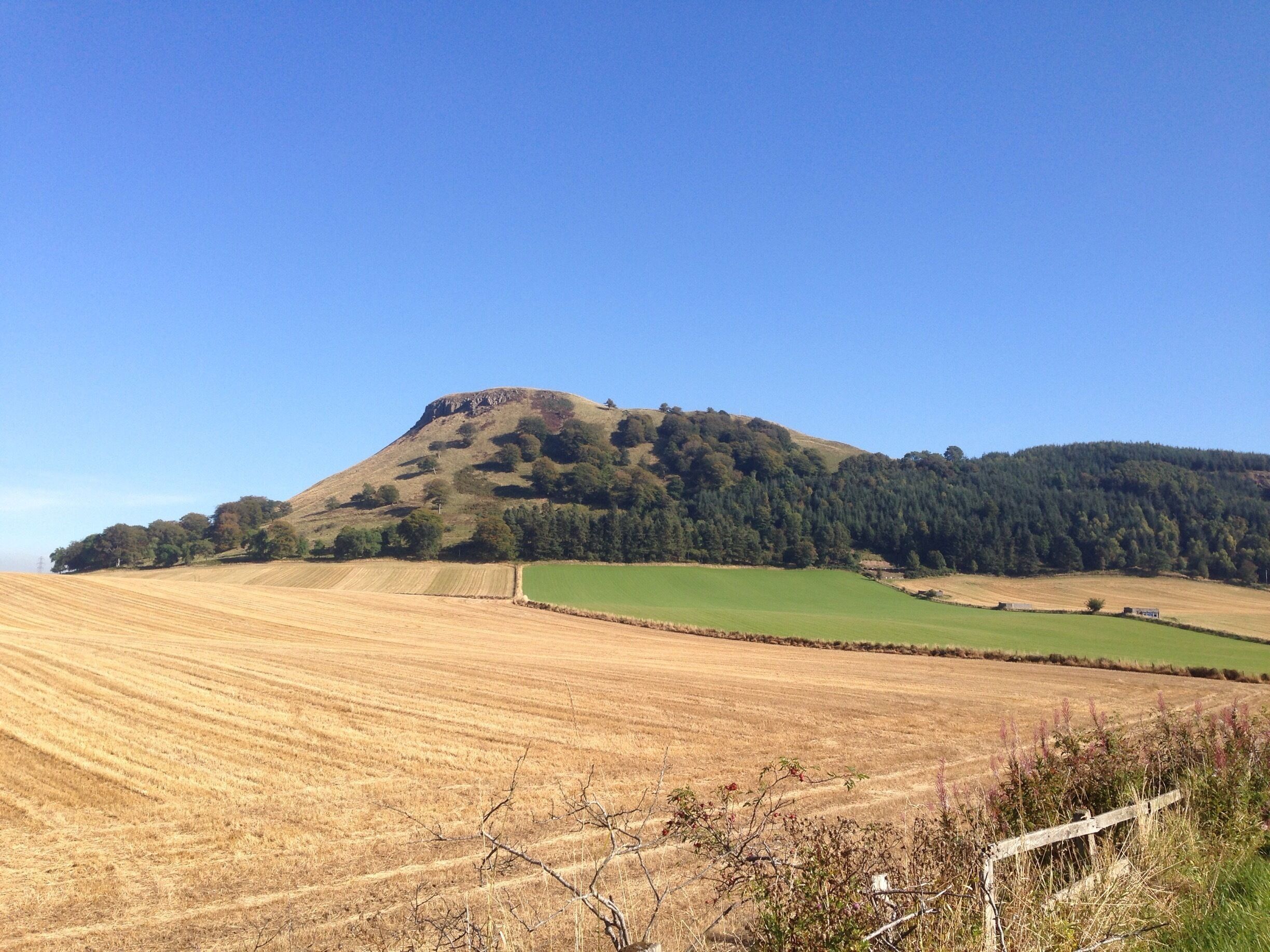 A hilly landscape with a prominent hill, fields, and a clear blue sky.