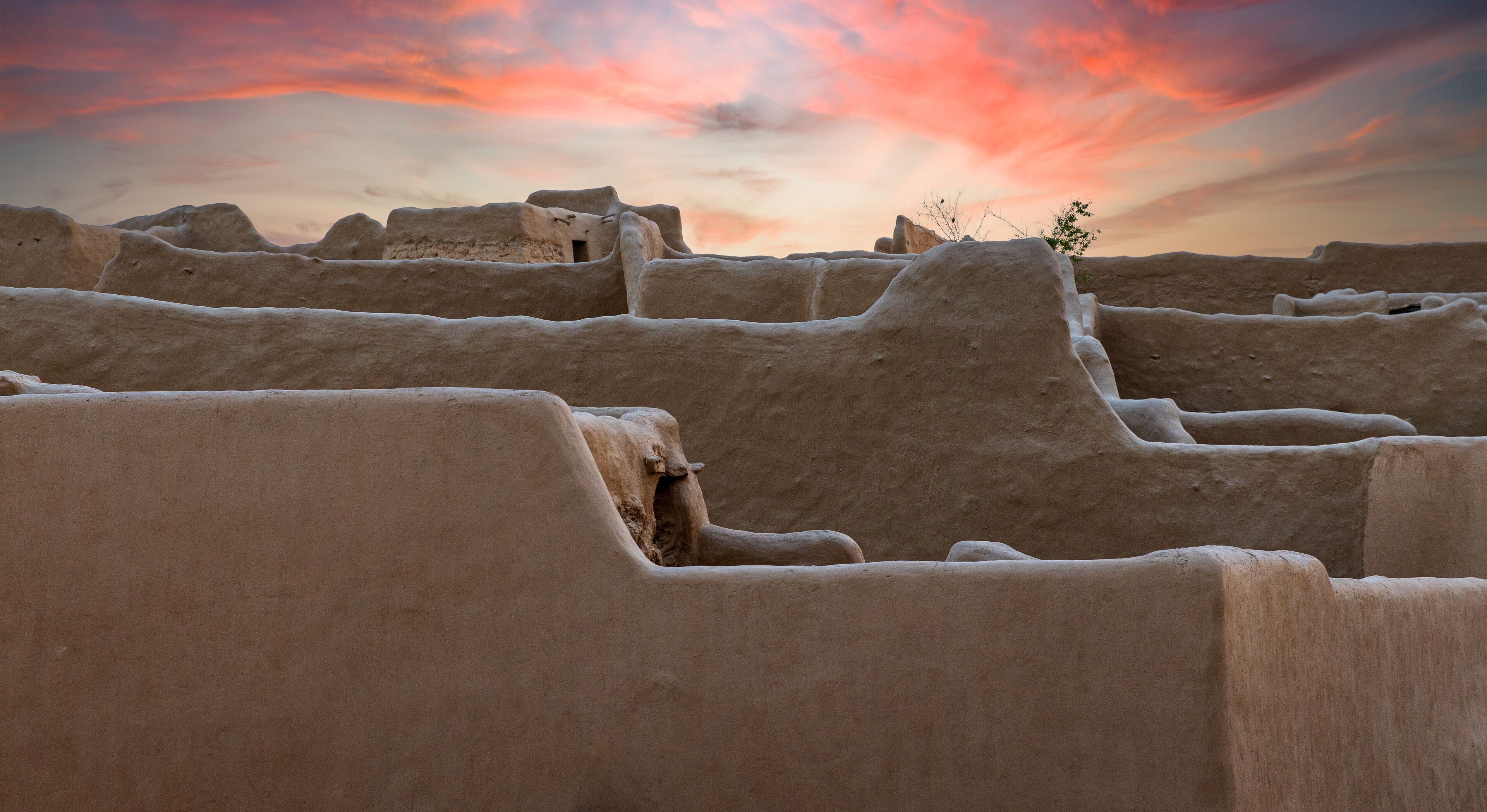 Beautiful sunset in ad Diryah over the roofs of mud houses