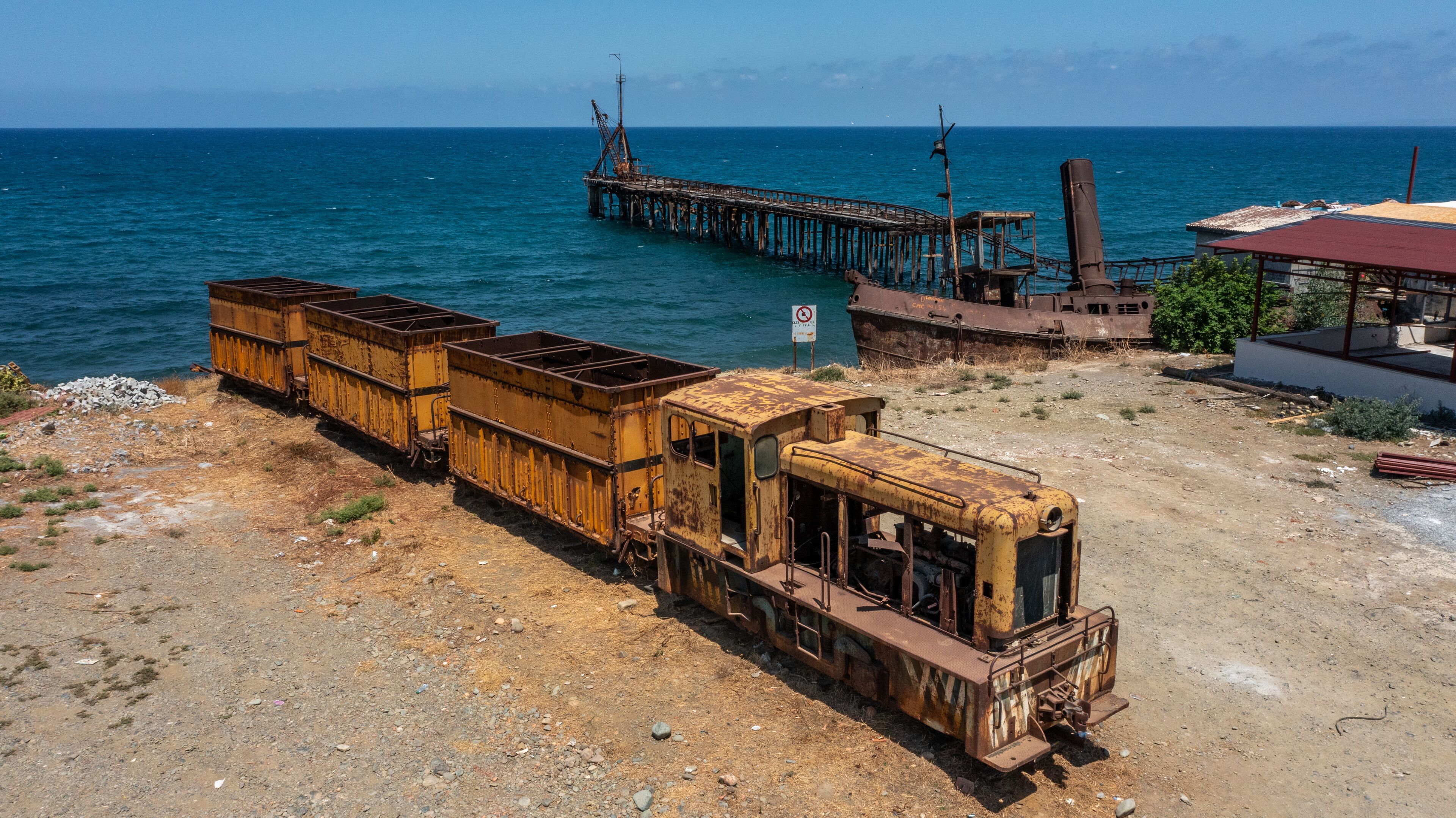 North Cyprus - Lefke - Karavostasi Shipwreck is an amazing abandoned place with and old train, ship and an pier from drone view