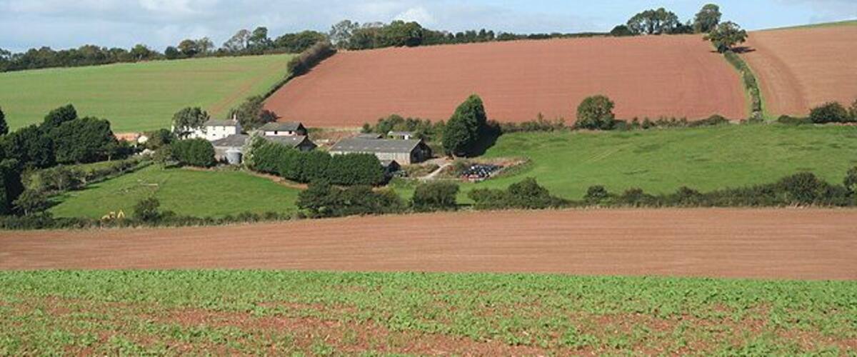 A rural landscape with rolling hills, fields, and a small cluster of houses.