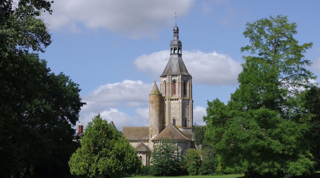 Trees and bell-tower of church Saint-Nicolas de Civray, France.