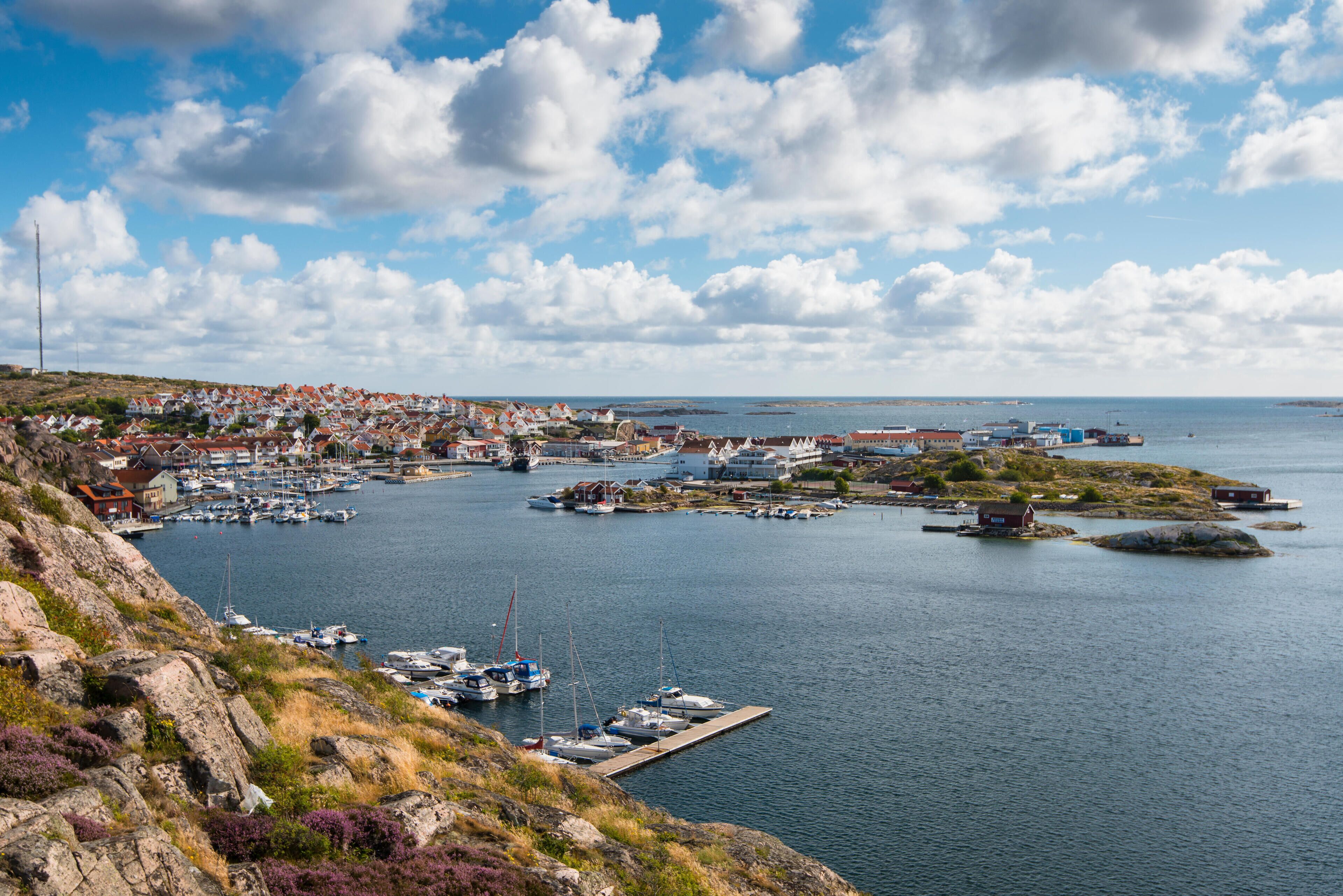 A coastal town with a marina, boats, and houses along the shoreline.
