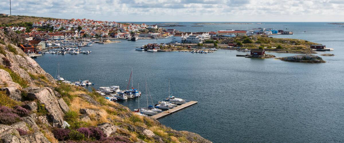 A coastal town with a marina, boats, and houses along the shoreline.