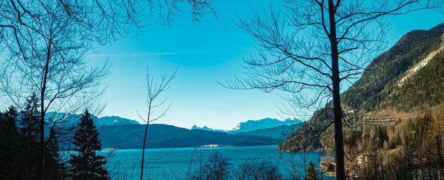 Alpine winter view near Urfeld, Walchensee, Bavaria, Germany, with the famous Karwendel mountains in the background