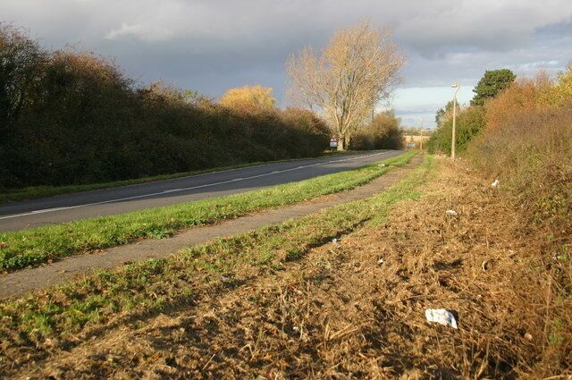 A rural road with a grassy verge, trees, and a cloudy sky.