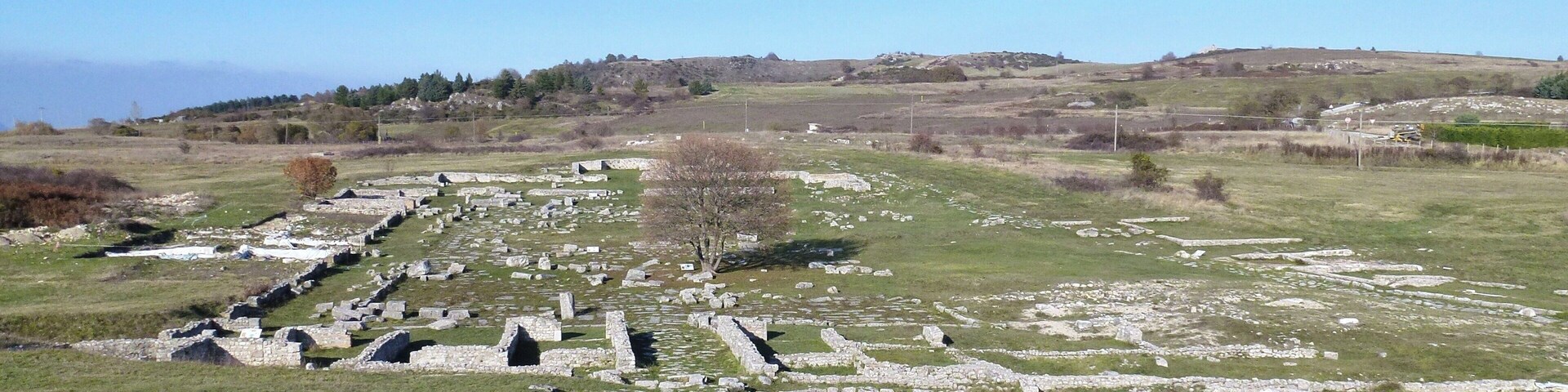 Ancient stone ruins in a grassy field with a clear sky.