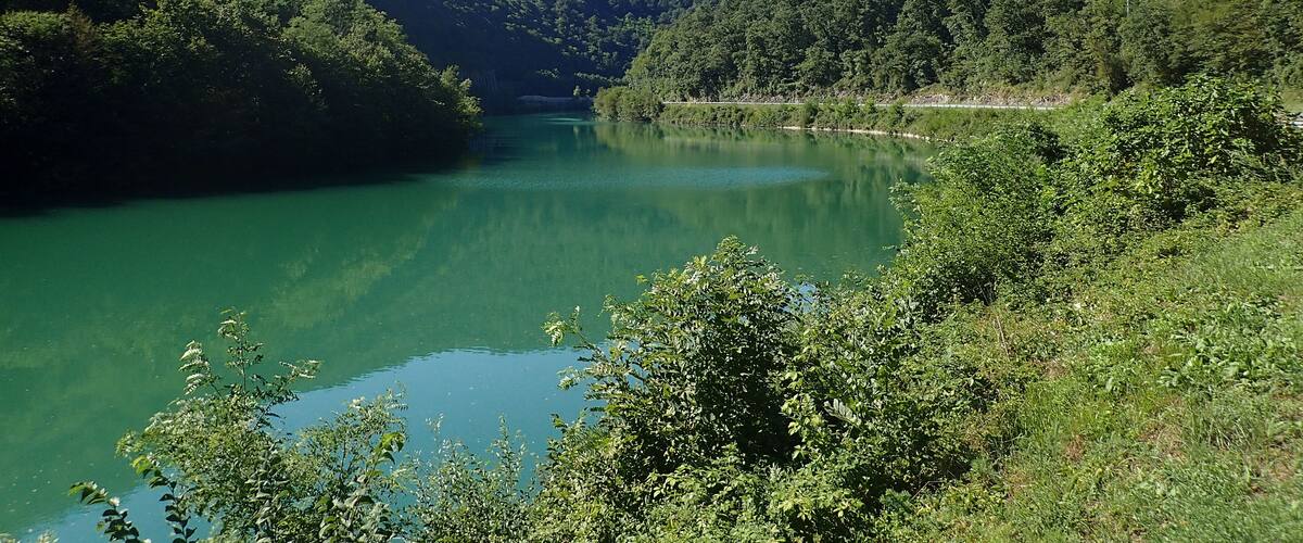 A river winding through a valley surrounded by dense forests and hills.