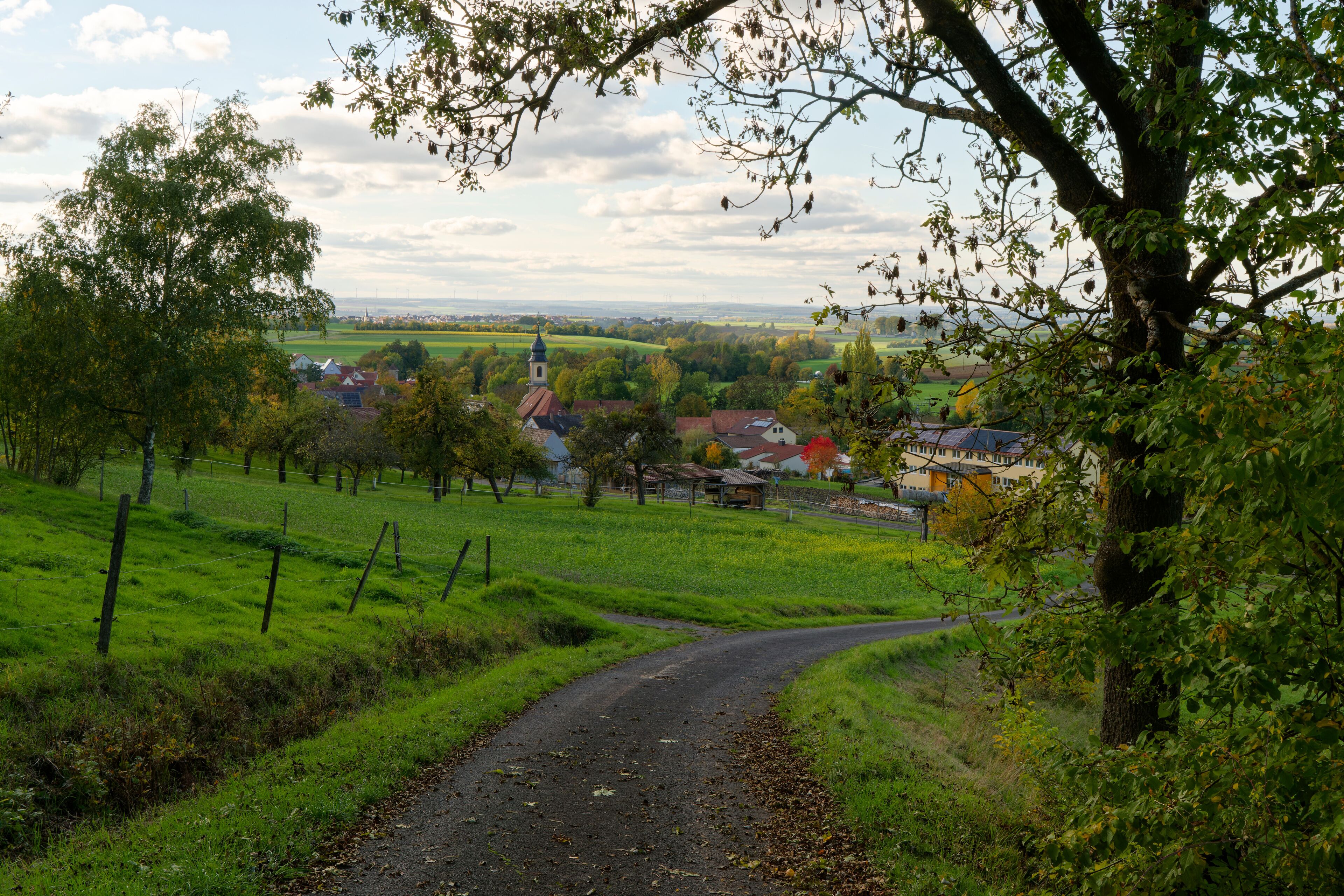 A rural landscape with a winding road, green fields, a church, and houses.