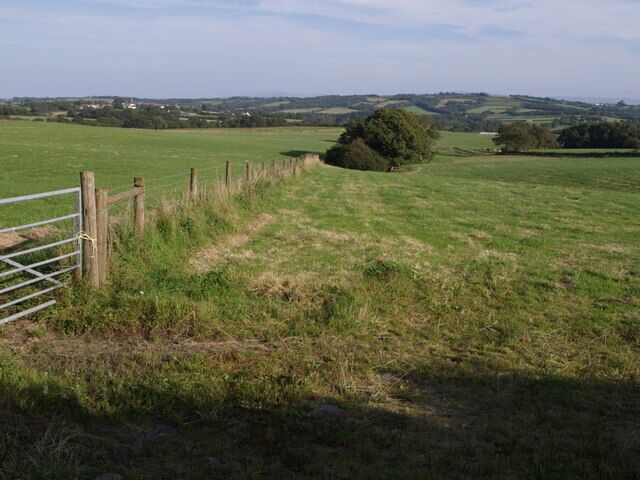Fields at Upcott Avenel The view from the lane between Down Cross and Swardicott Cross as it passes the driveway to Upcott Avenel. A stream rises in the field on the right, following the little valley until it reaches the trees, where it disappears underground. Highampton church is beyond, on the left, while the high land of Broadbury is further away in the centre of the photo.