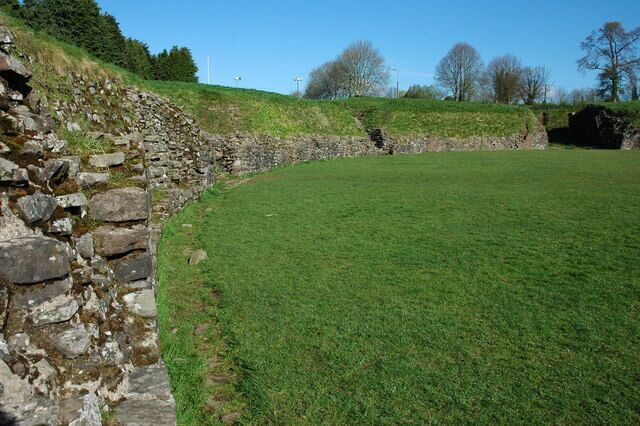 Roman Amphitheatre, Caerleon View from within Caerleon's Roman Amphitheatre which was built around 90AD, it is the only fully-excavated site in Britain. The arena which is 184ft x 136ft (56m x 41m) would hold approximately 6000 spectators.