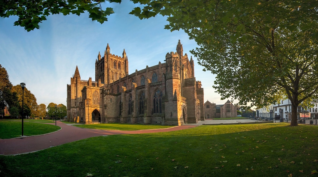 A large historic cathedral with intricate Gothic architecture, surrounded by a well-maintained lawn and a pathway leading to the entrance.