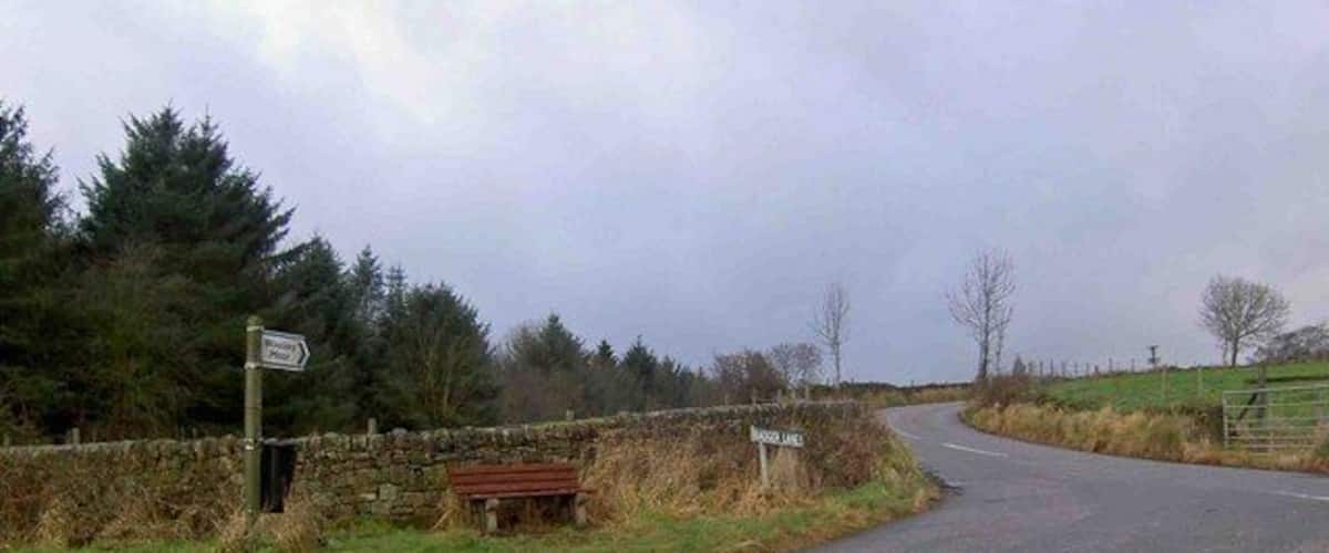 A rural road with a stone wall and a bench.