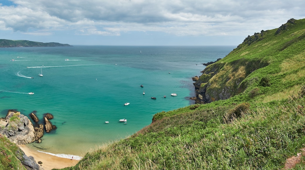 Panorama of boats in Starehole Bay near Salcombe seen from the South West Coast Path, Devon, UK