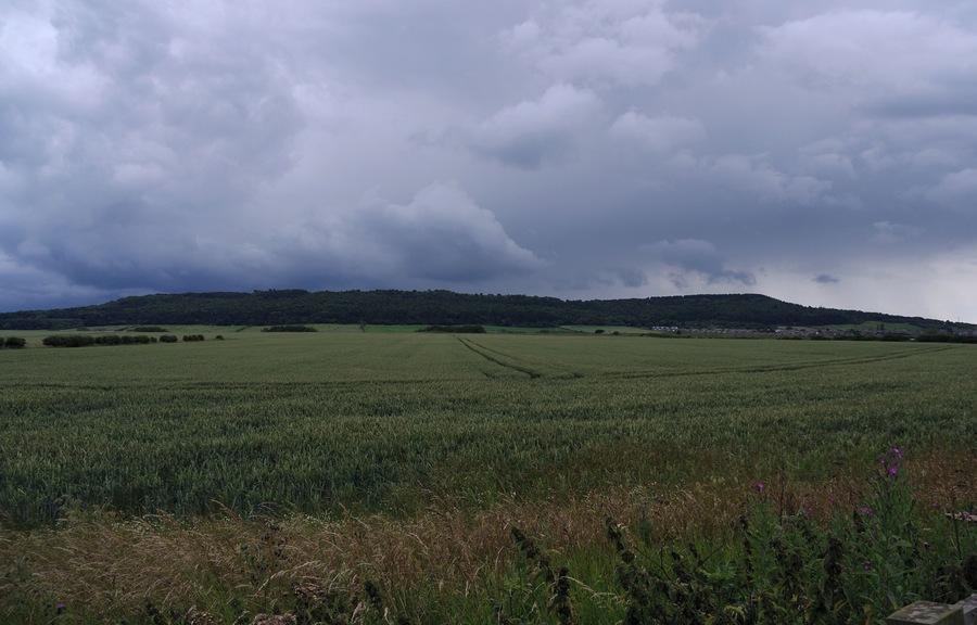 A rainstorm rolls in over the hills visible from Longbeck station.
