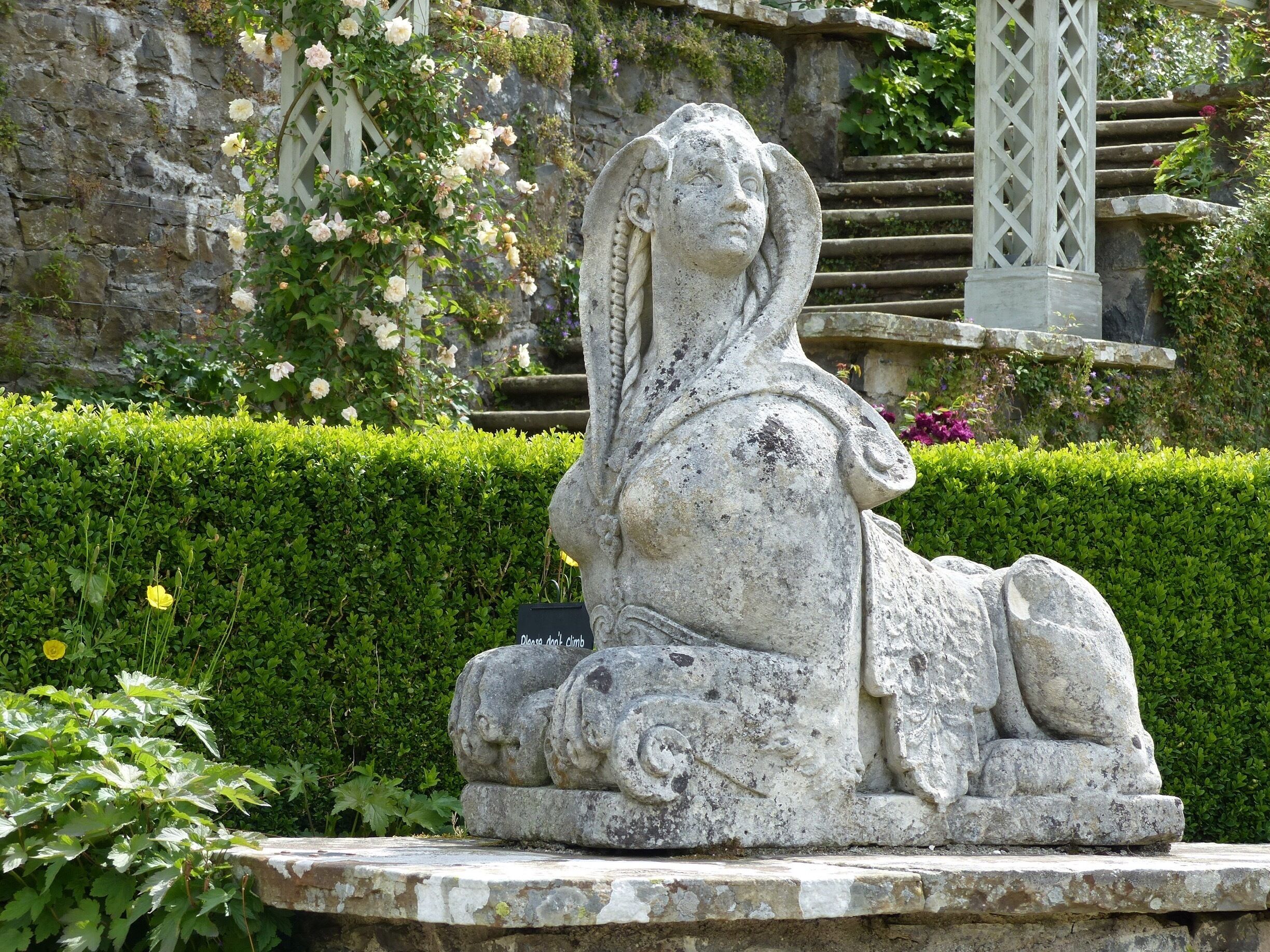 One of the very old sphinx statuettes taken at Bodnant Gardens in Wales, a 40 minute drive from Conwy. Superb Gardens, although many of the flowers (particularly the roses) were past their best.  The Rhododendrons however were continuing to bloom!