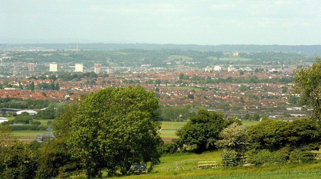 View over Bristol (4) Seen from East Dundry Lane. Looking a little east of north, the communications tower on Pur Down almost tops the skyline to the left and to the right the old Dower House in what we knew as Duches's Park can be seen. Nearer the camera new housing estates in Whitchurch and Filwood Park stand on what was previously Bristol Airport, which I am told was used by "important people" during WW2. The foreground consists of slopes on the eastern end of Dundry Hill.