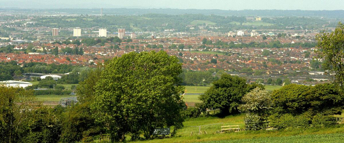 A cityscape with dense residential areas, green hills, and scattered buildings.