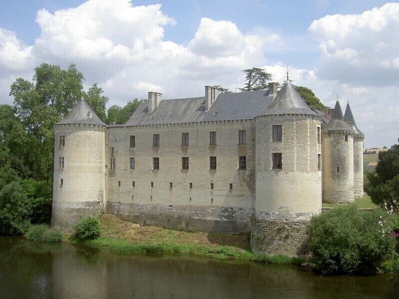 A historic castle with a moat, surrounded by greenery and a clear sky.
