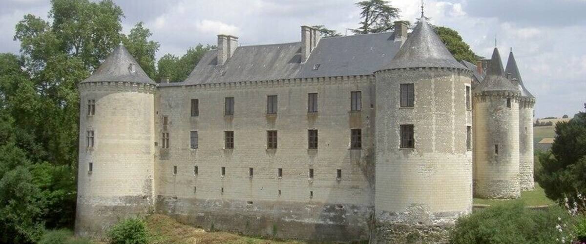 A historic castle with a moat, surrounded by greenery and a clear sky.