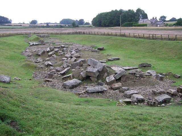 Source description says: "Roman Bridge : Piercebridge On the south bank of the River Tees, an excavated site with the remains of abutments and piers. On the course of Dere Street Roman road." View across Tees from Cliffe, Richmondshire. This bridge was once part of the Roman road Dere Street, which is now diverted.