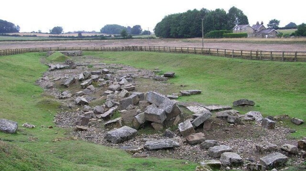 Source description says: "Roman Bridge : Piercebridge On the south bank of the River Tees, an excavated site with the remains of abutments and piers. On the course of Dere Street Roman road." View across Tees from Cliffe, Richmondshire. This bridge was once part of the Roman road Dere Street, which is now diverted.
