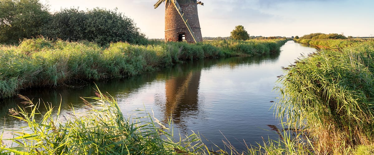 A windmill by a calm river, surrounded by lush greenery.