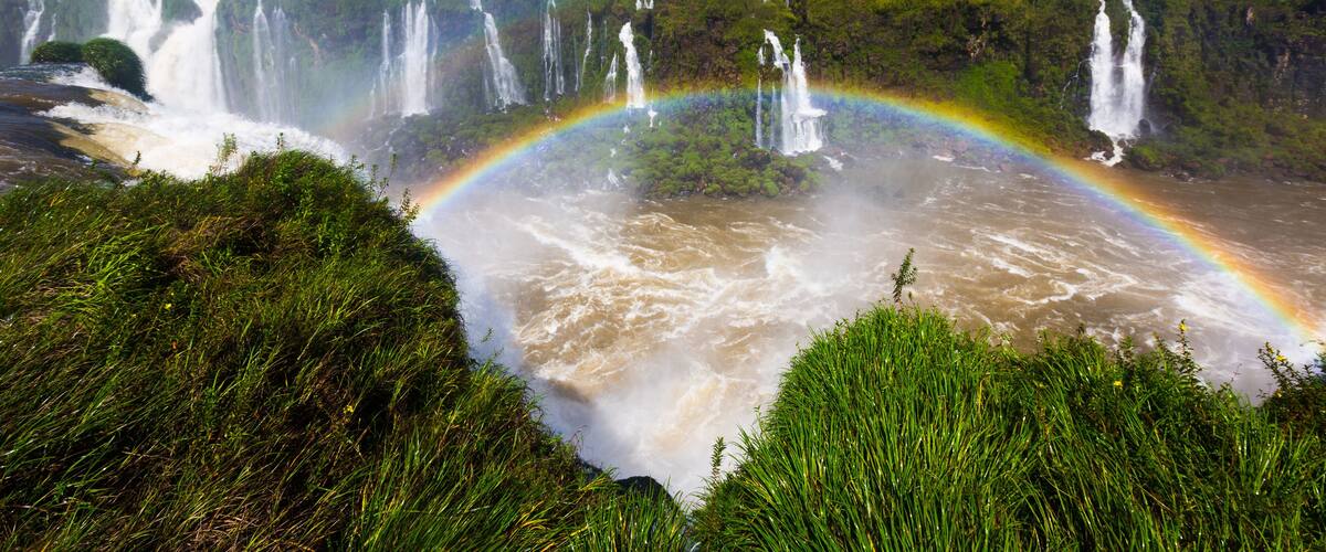 A waterfall with a rainbow and lush greenery.