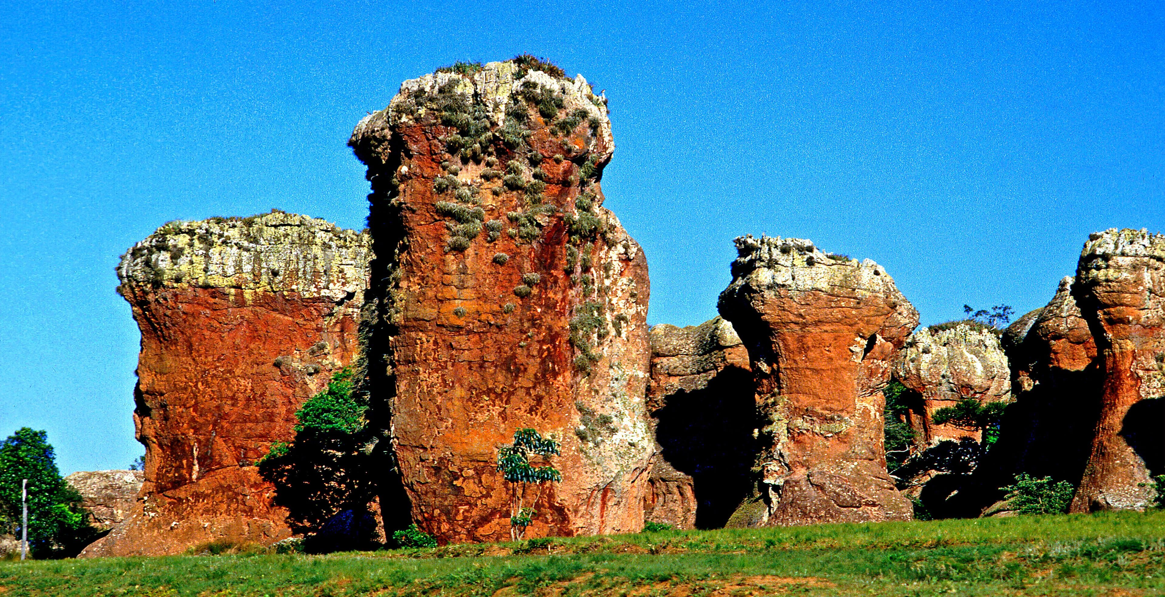 A landscape with red rock formations and green vegetation.