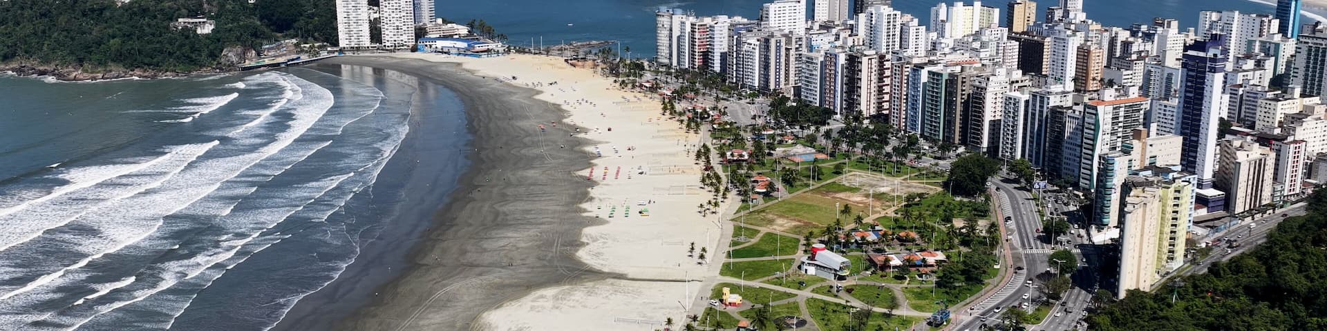 Sao Vicente Skyline At Sao Vicente In Sao Paulo Brazil. Beach Landscape. Downtown Seascape. Travel Destination. Sao Vicente Skyline At Sao Vicente Brazil. Itarare Beach Skyline. Summer Tropical.