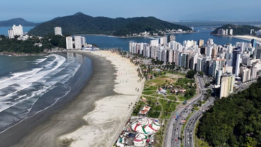Sao Vicente Skyline At Sao Vicente In Sao Paulo Brazil. Beach Landscape. Downtown Seascape. Travel Destination. Sao Vicente Skyline At Sao Vicente Brazil. Itarare Beach Skyline. Summer Tropical.