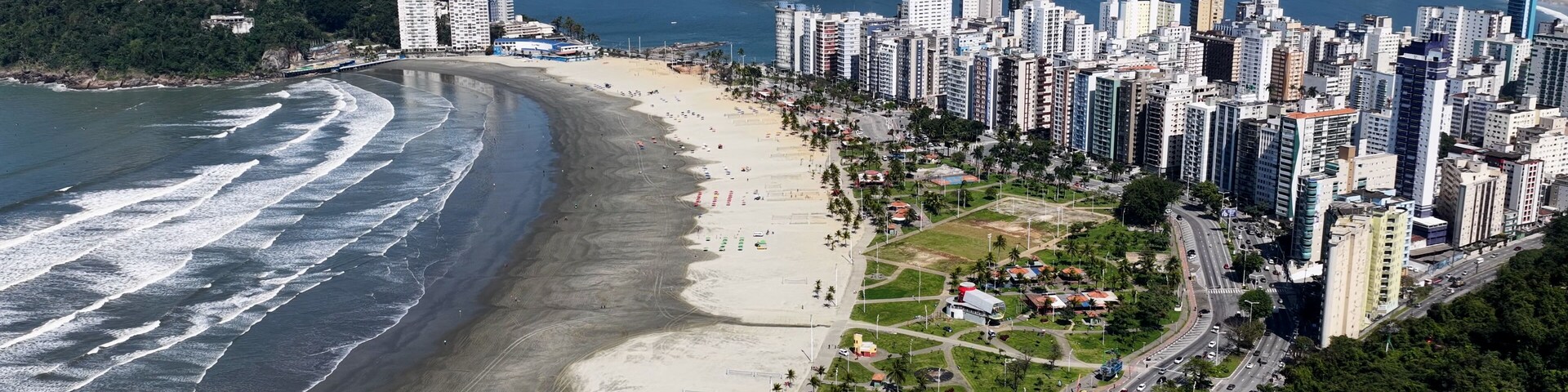 Sao Vicente Skyline At Sao Vicente In Sao Paulo Brazil. Beach Landscape. Downtown Seascape. Travel Destination. Sao Vicente Skyline At Sao Vicente Brazil. Itarare Beach Skyline. Summer Tropical.