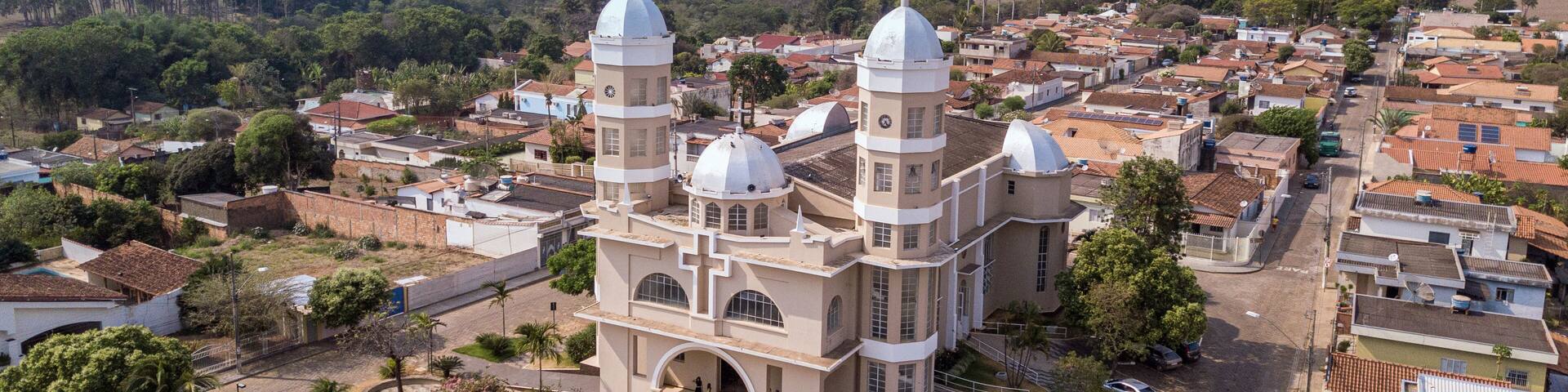 The main Church of Sao Joao Batista do Gloria in Minas Gerais, Brasil. Canastra mountains. Aerial view.