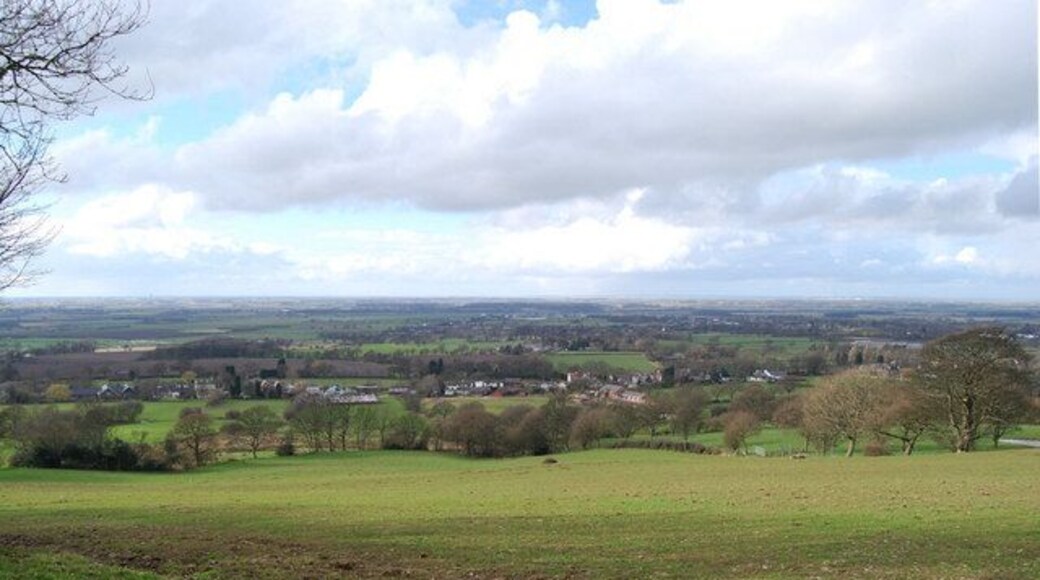 View from Hunters Hill The village in the near distance is Hill Dale near Parbold and the view beyond is north west across the west Lancashire Plain.