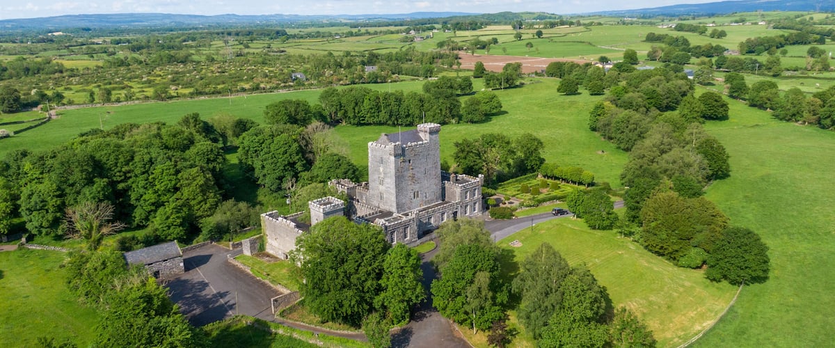 A large castle surrounded by lush green fields and trees.