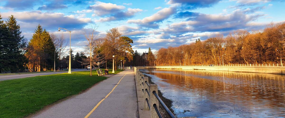 A riverside walkway with a concrete barrier, trees, and street lamps.