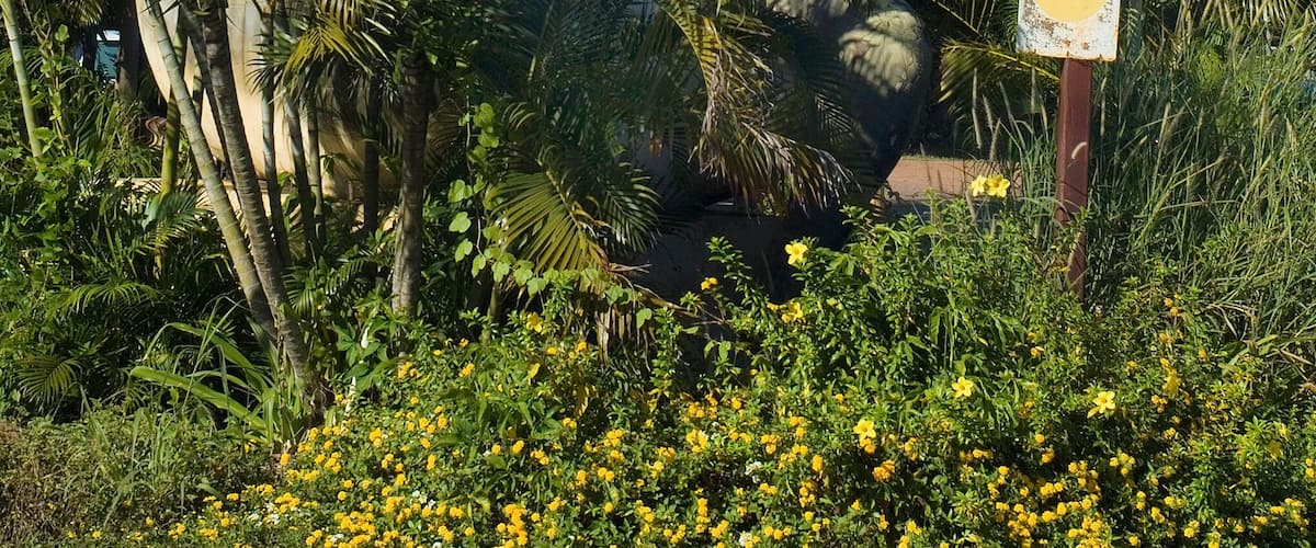 A large dinosaur statue with a red and white striped tail, surrounded by lush greenery and palm trees.