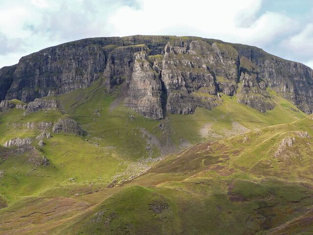 Quiraing The front of the Quiraing seen from Dun Mor. The way in which the pinnacles, passages and secret places have been formed by landslip and shearing is evident from here.