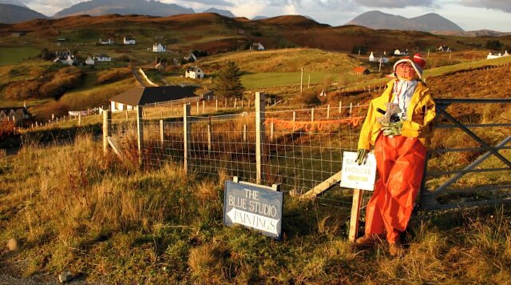 Tarskavaig: Halloween 2008 The setting sun lights up the Halloween decorations at the cross roads leading down to the crofting village of Tarskavaig