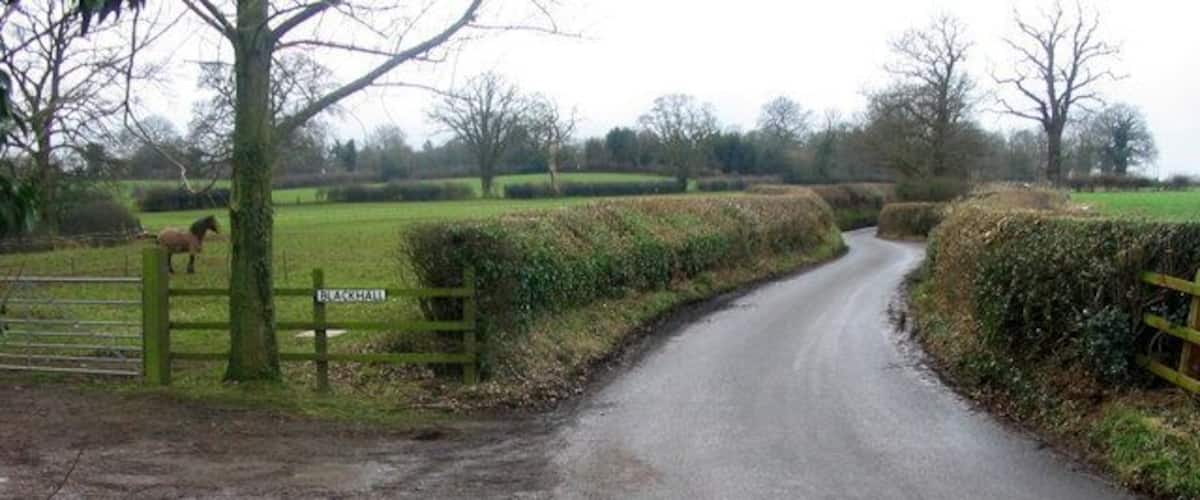 A narrow rural road with a wooden gate labeled 'BLACKHALL' and a horse visible on the left.