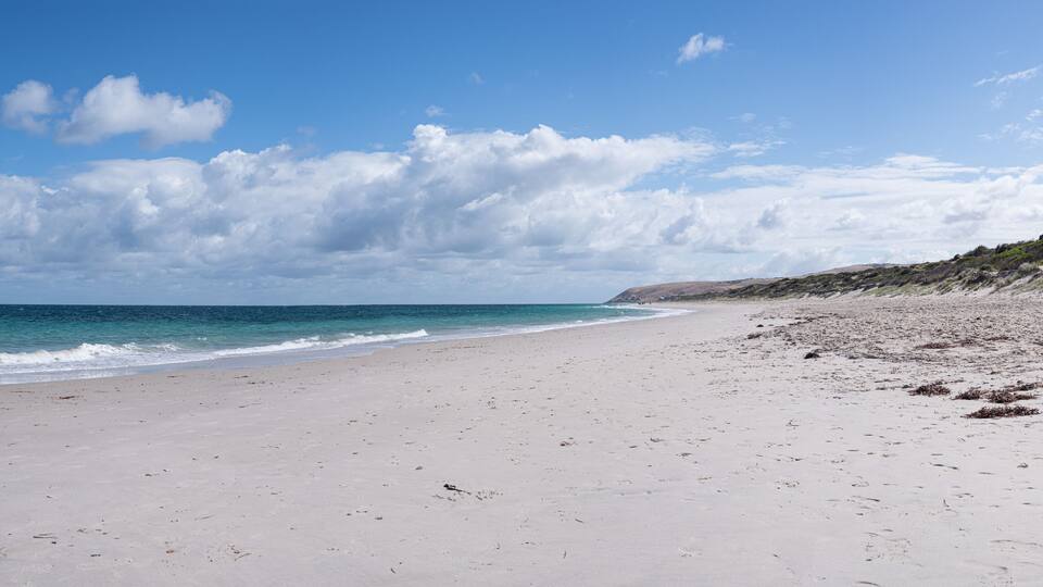 Normanville Beach looking north, popular tourist destination on the Fleurieu Penisula, South Australia. Wide panorama.