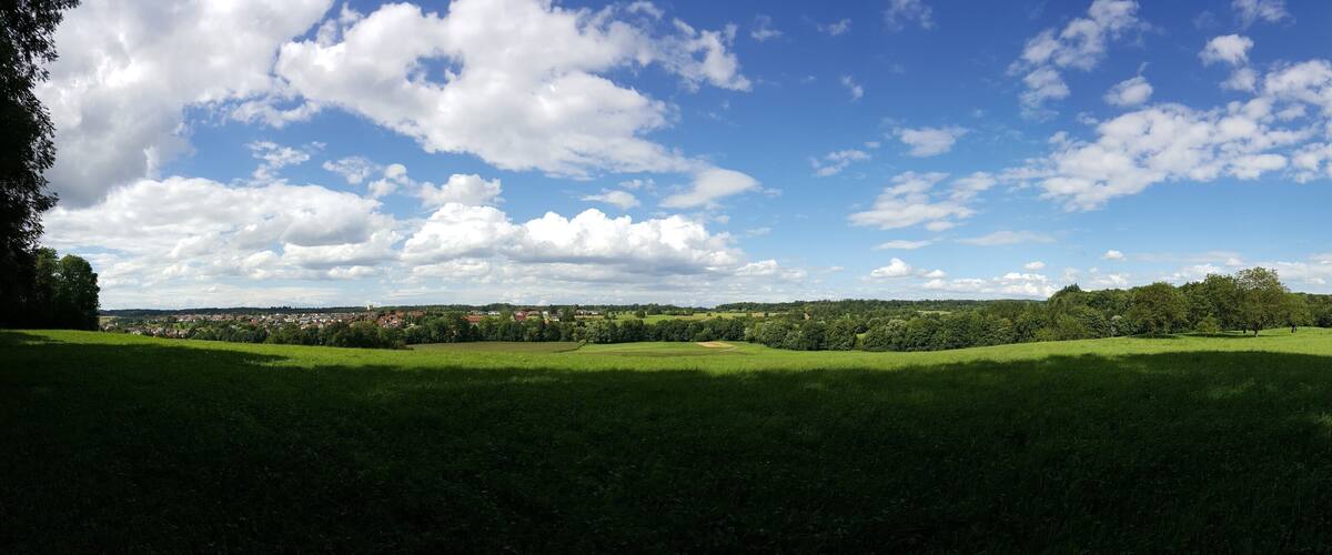 A green field with a town in the distance and a blue sky with clouds.